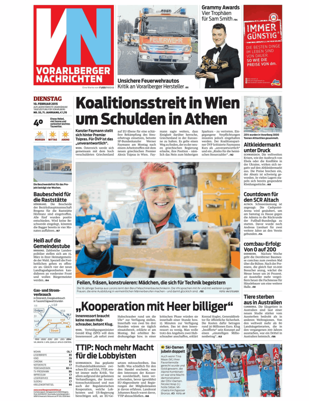 Titelseite der Vorarlberger Nachrichten vom 10. Februar 2015.