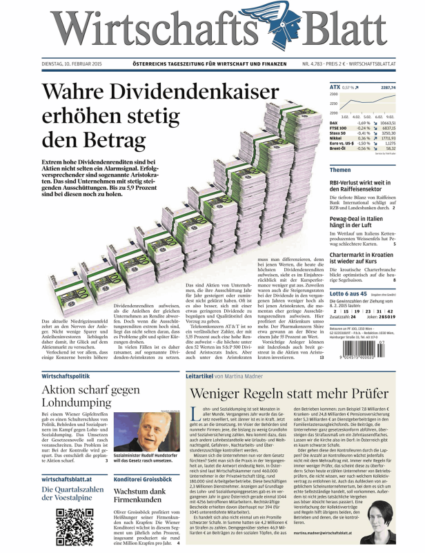 Ein Stapel von 100-Euro-Scheinen auf einer Zeitungsseite des Wirtschaftsblatts.