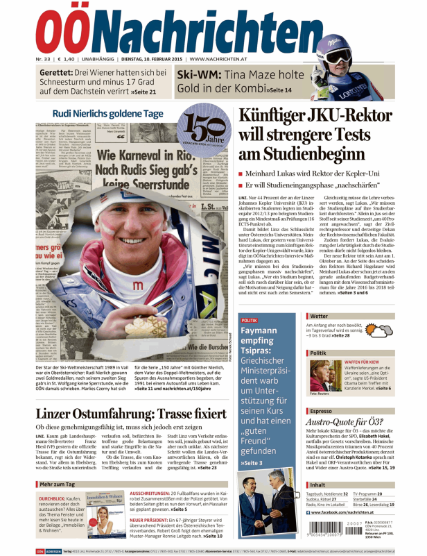 Titelseite der OÖ Nachrichten vom 10. Februar 2015 mit Rudi Nierlich im Fokus.