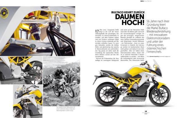 Ein gelb-weißes Bultaco Elektromotorrad steht auf einer Zeitungsseite.