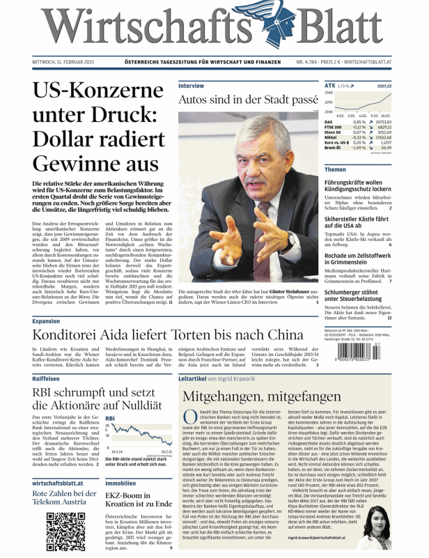 Titelseite des Wirtschaftsblatt vom 11. Februar 2015.