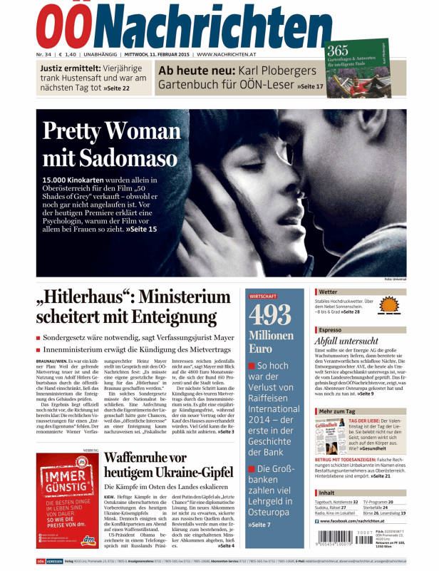 Titelseite der OÖ Nachrichten mit einer Ankündigung für den Film „Pretty Woman mit Sadomaso“.