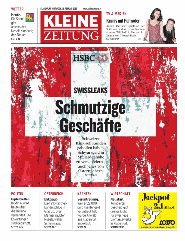 Titelseite der Kleinen Zeitung vom 11. Februar 2015 mit dem Aufmacher „Schmutzige Geschäfte“ über Swissleaks.