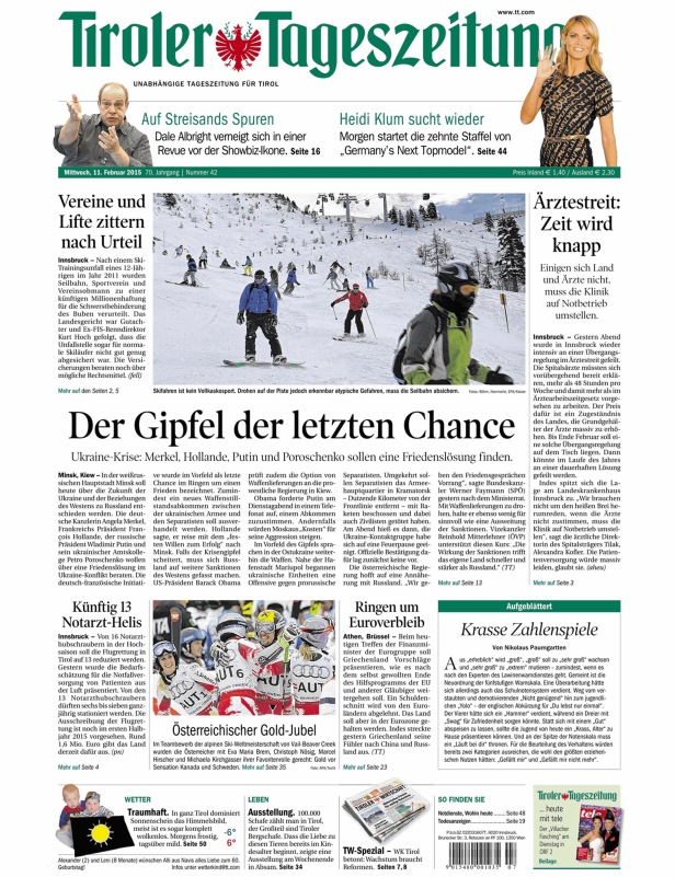 Titelseite der Tiroler Tageszeitung vom 11. Februar 2015.