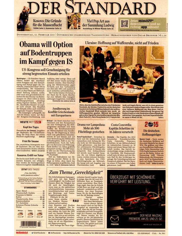 Titelseite der Zeitung „Der Standard“ vom 12. Februar 2015.