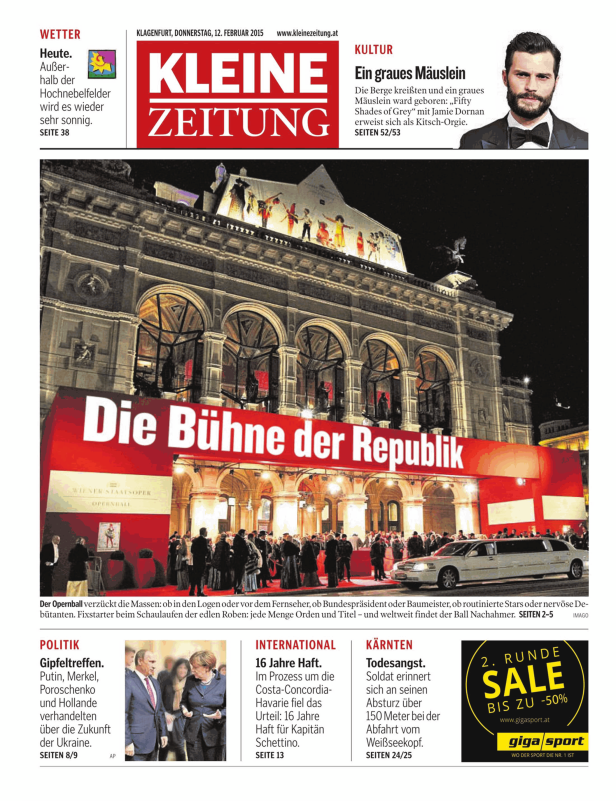 Die Wiener Staatsoper während des Opernballs mit dem Schriftzug „Die Bühne der Republik“.