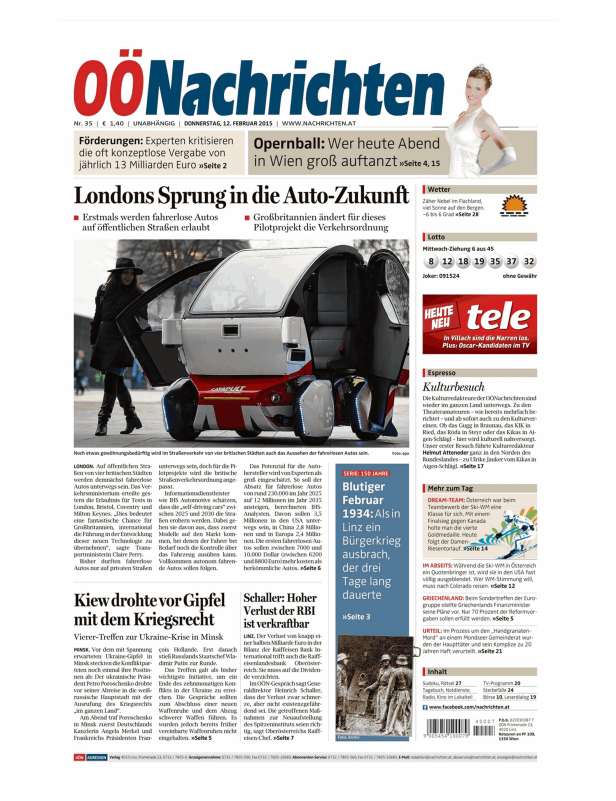 Titelseite der OÖNachrichten vom 12. Februar 2015 mit Artikeln über fahrerlose Autos und die Ukraine-Krise.