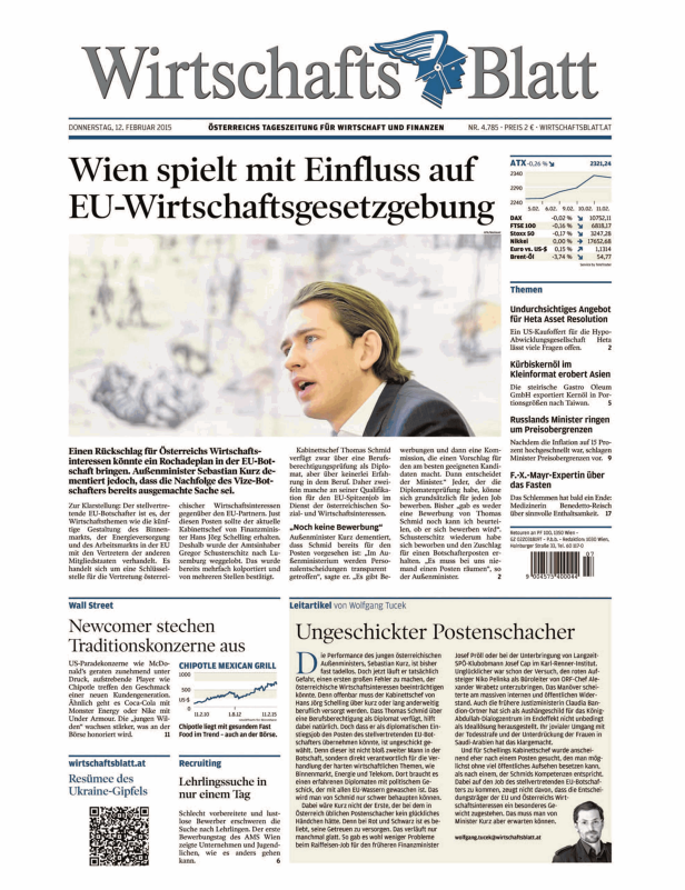 Titelseite des WirtschaftsBlatt vom 12. Februar 2015 mit einem Artikel über EU-Wirtschaftsgesetzgebung und ein Foto von Sebastian Kurz.