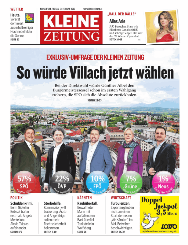 Titelseite der Kleinen Zeitung vom 13. Februar 2015 mit einer Umfrage zu den Wahlen in Villach.