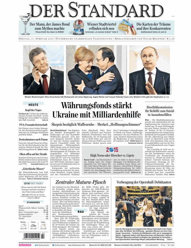 Titelseite der Zeitung „Der Standard“ vom 13. Februar 2015.