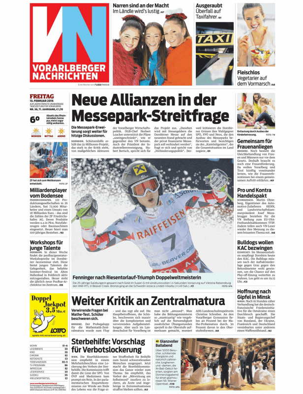 Titelseite der Vorarlberger Nachrichten vom 13. Februar 2015.