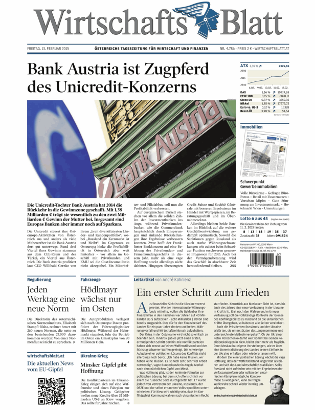 Titelseite des Wirtschaftsblatt vom 13. Februar 2015 mit dem Titel „Bank Austria ist Zugpferd des Unicredit-Konzerns“.