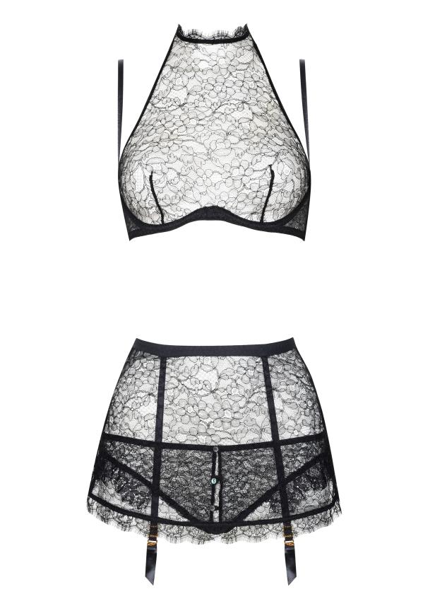 Ein schwarzes Spitzen-Dessous-Set, bestehend aus BH und Strumpfhaltergürtel.