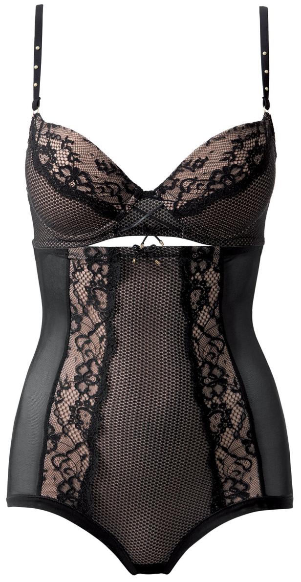 Ein schwarzer Spitzenbody mit beigen Akzenten.