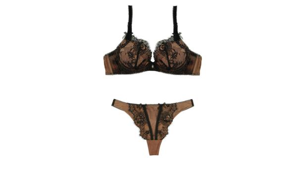 Ein braunes Dessous-Set mit schwarzer Spitze, bestehend aus BH und String-Tanga.