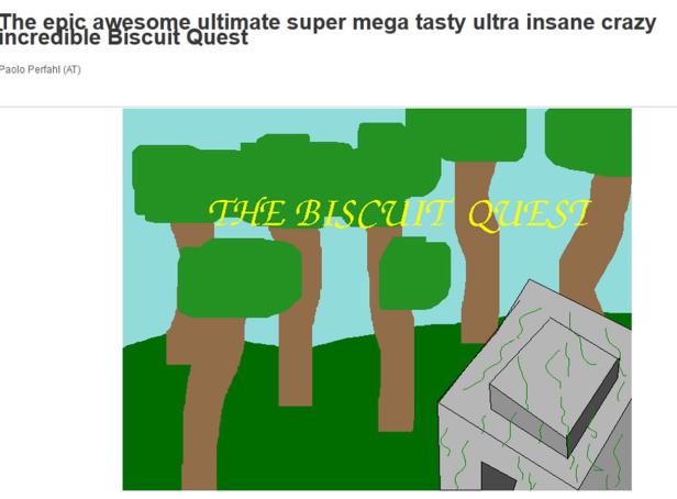 Eine stilisierte Waldszene mit dem Titel „The Biscuit Quest“ im Vordergrund.