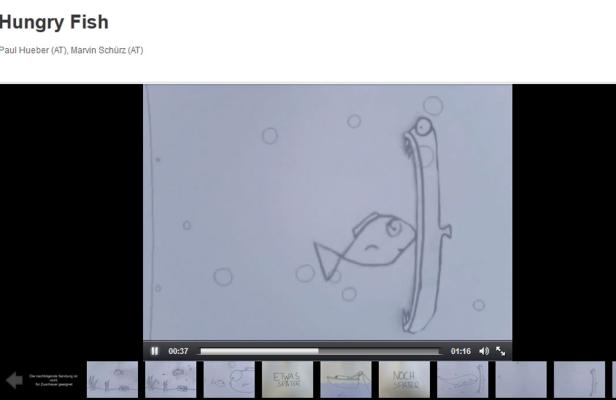 Ein gezeichneter Fisch schwimmt auf eine Angel zu.