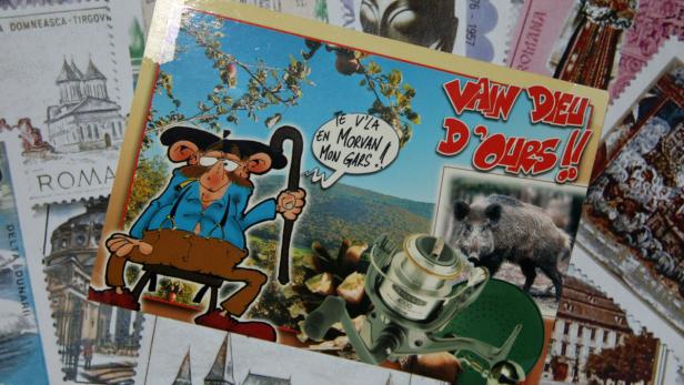Eine Collage mit einer Karikatur, einem Wildschwein und einer Angelrolle vor einer Landschaft.