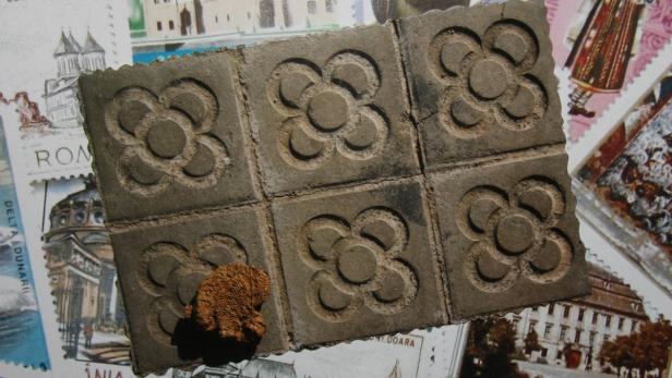 Sechs Pflastersteine mit dem „Panot“-Blumenmuster auf Briefmarken.