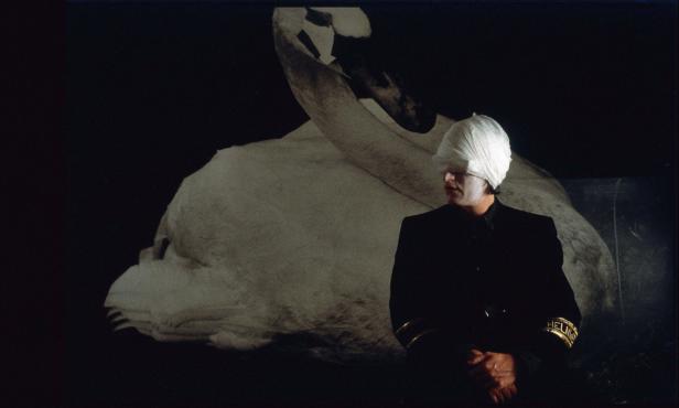 Ein Mann mit verbundenen Augen und weiß geschminktem Gesicht vor einem Schwanenbild.