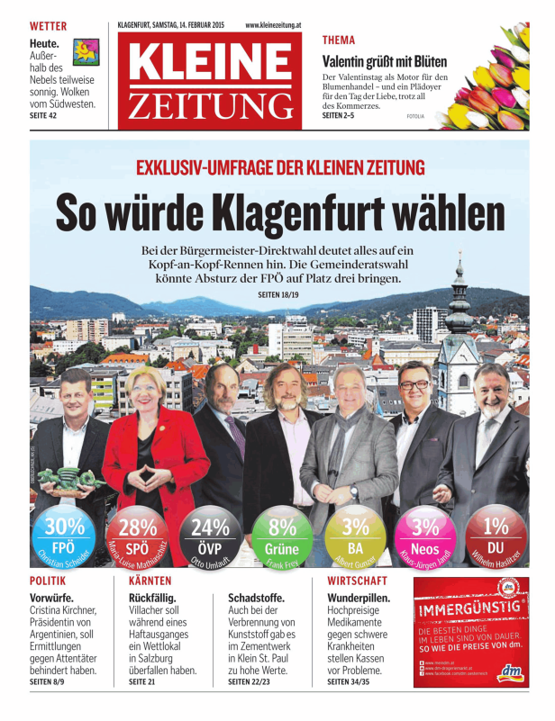 Titelseite der Kleinen Zeitung vom 14. Februar 2015 mit einer Umfrage zur Bürgermeisterwahl in Klagenfurt.