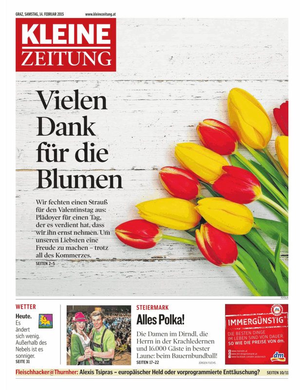 Titelseite der Kleinen Zeitung vom 14. Februar 2015 mit Blumenstrauß.