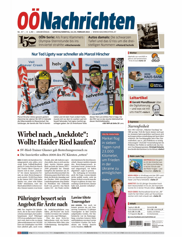 Titelseite der OÖNachrichten vom 14./15. Februar 2015 mit Ski-Weltmeister Marcel Hirscher und Ted Ligety.