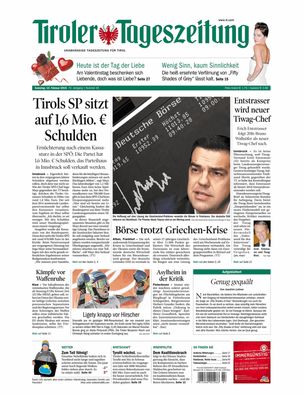 Titelseite der Tiroler Tageszeitung vom 14. Februar 2015.