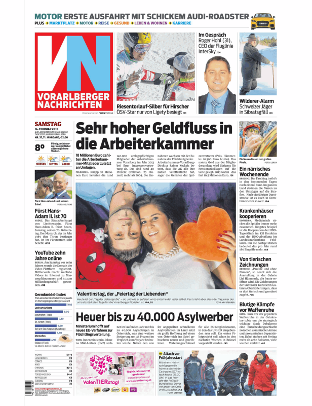 Titelseite der Vorarlberger Nachrichten vom 14. Februar 2015.