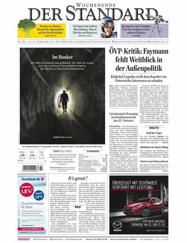 Titelseite der Zeitung „Der Standard“ vom 14./15. Februar 2015.