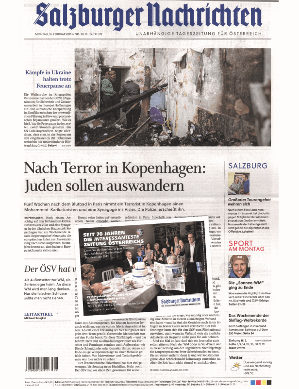 Titelseite der „Salzburger Nachrichten“ vom 16. Februar 2015.