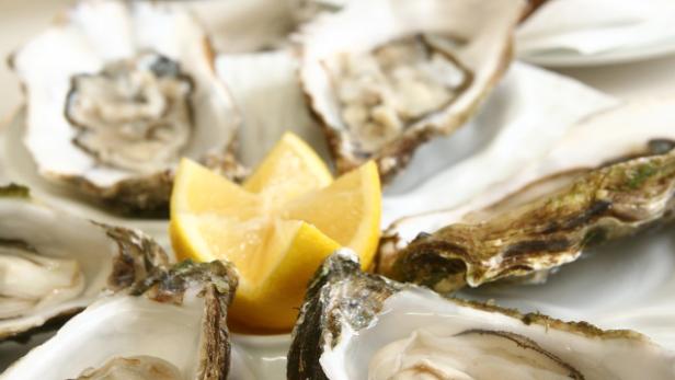 Ein Teller mit geöffneten Austern und Zitronenspalten.