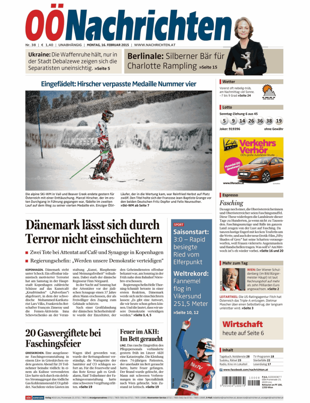 Titelseite der OÖNachrichten vom 16. Februar 2015 mit Meldungen zu Ski-WM und Terror in Dänemark.