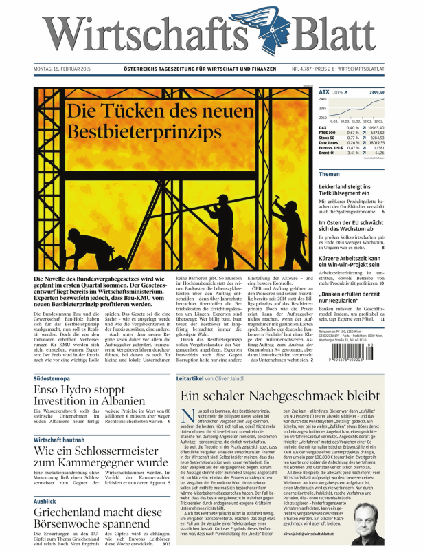 Titelseite des WirtschaftsBlatt vom 16. Februar 2015 mit dem Titel „Die Tücken des neuen Bestbieterprinzips“.