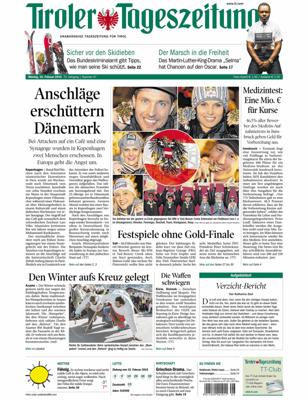 Titelseite der Tiroler Tageszeitung vom 16. Februar 2015.