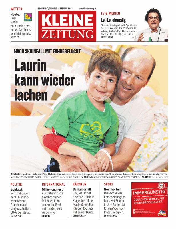 Ein Junge namens Laurin lächelt, nachdem er bei einem Skiunfall verletzt wurde.