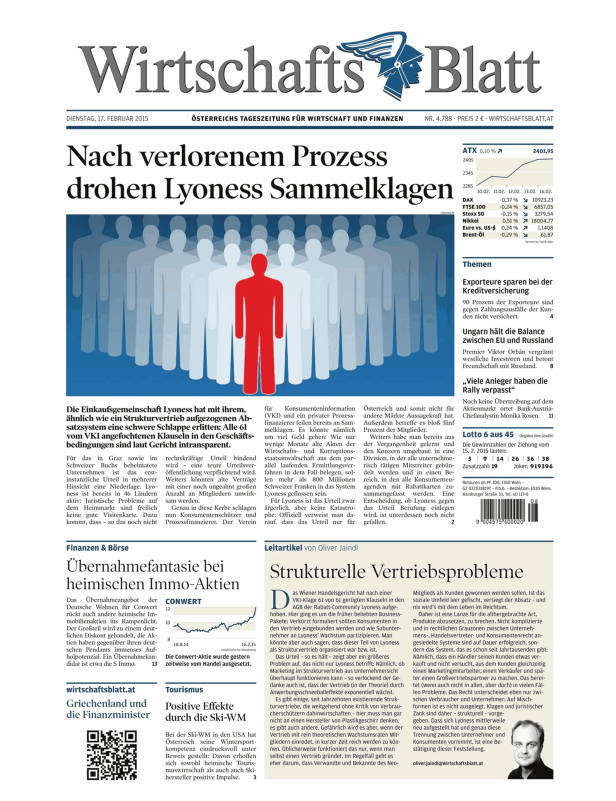 Titelseite des Wirtschaftsblatt vom 17. Februar 2015 mit dem Titel „Nach verlorenem Prozess drohen Lyoness Sammelklagen“.