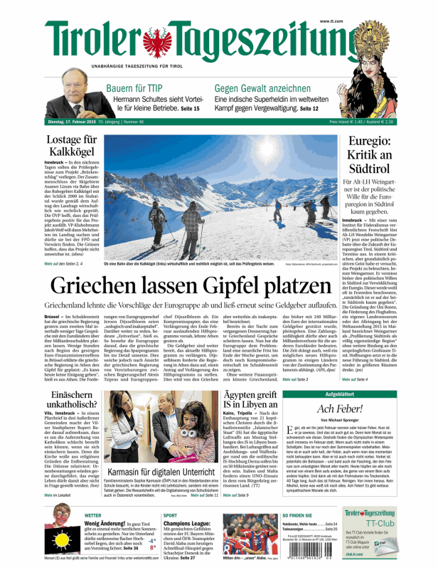 Titelseite der Tiroler Tageszeitung vom 17. Februar 2015.