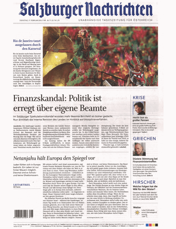 Titelseite der Salzburger Nachrichten vom 17. Februar 2015.