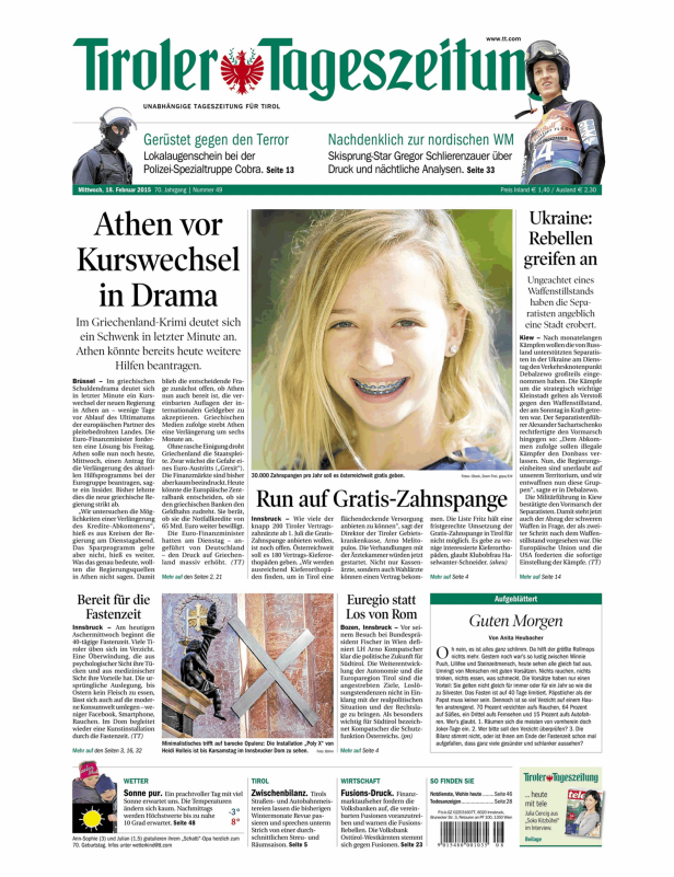 Titelseite der Tiroler Tageszeitung vom 18. Februar 2015.