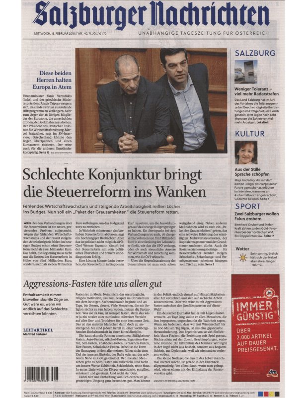 Titelseite der Salzburger Nachrichten mit einem Artikel über Yanis Varoufakis und Alexis Tsipras.