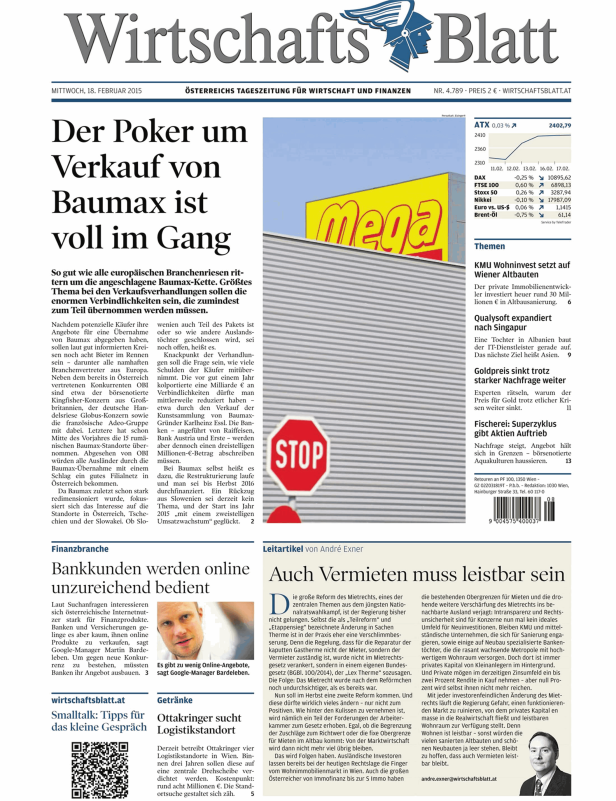 Titelseite des Wirtschaftsblatt vom 18. Februar 2015 mit Artikeln zu Wirtschaftsthemen.