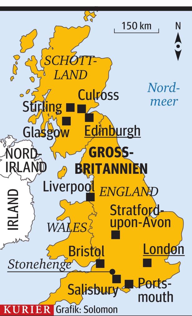 Eine Karte von Großbritannien und Irland mit Städtenamen und geografischen Bezeichnungen.