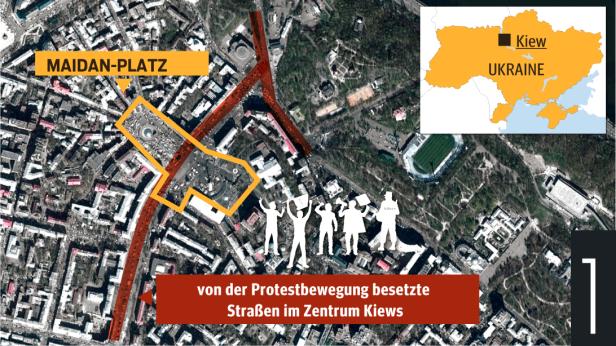 Eine Satellitenansicht des Maidan-Platzes in Kiew, Ukraine, mit hervorgehobenen Straßen.