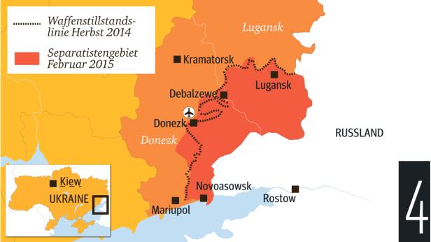 Eine Karte der Ostukraine, die das Separatistengebiet im Februar 2015 zeigt.