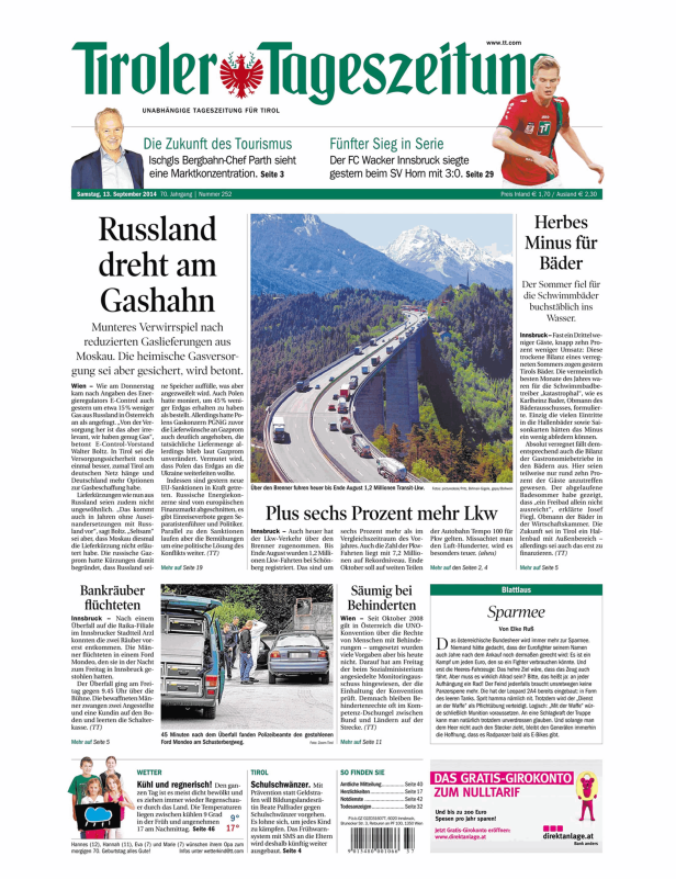 Titelseite der Tiroler Tageszeitung vom 13. September 2014 mit Artikeln zu Russland, Tourismus und Verkehr.