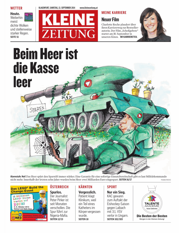 Karikatur zum Thema leere Kassen beim österreichischen Bundesheer.