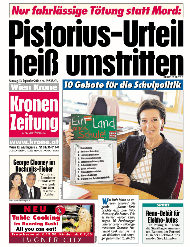 Titelseite der „Kronen Zeitung“ vom 13. September 2014 mit Artikeln zu Pistorius, Schulpolitik und George Clooney.
