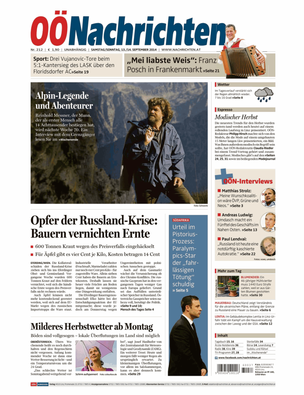 Titelseite der OÖNachrichten vom 13./14. September 2014 mit Reinhold Messner.