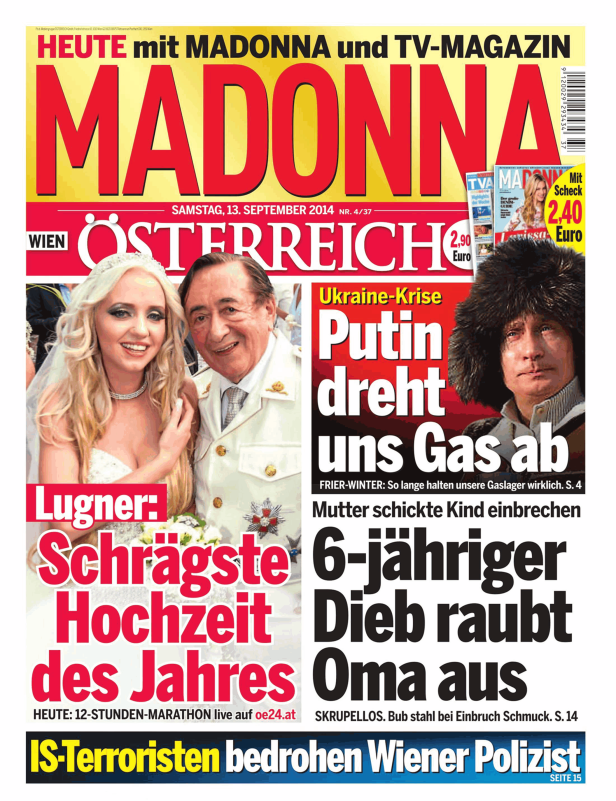 Titelseite der Zeitung „Madonna“ vom 13. September 2014 mit Schlagzeilen zu Lugners Hochzeit und der Ukraine-Krise.